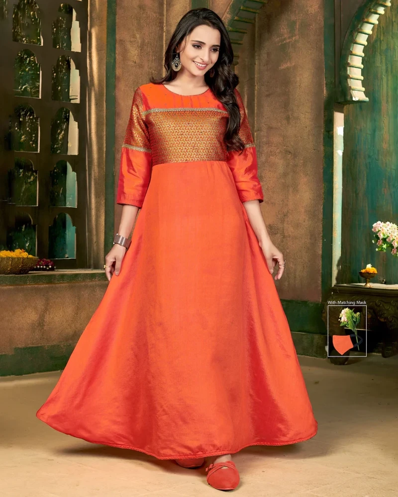 Sunny Silk With Brocade Flame Orange Flared Gown With Mask