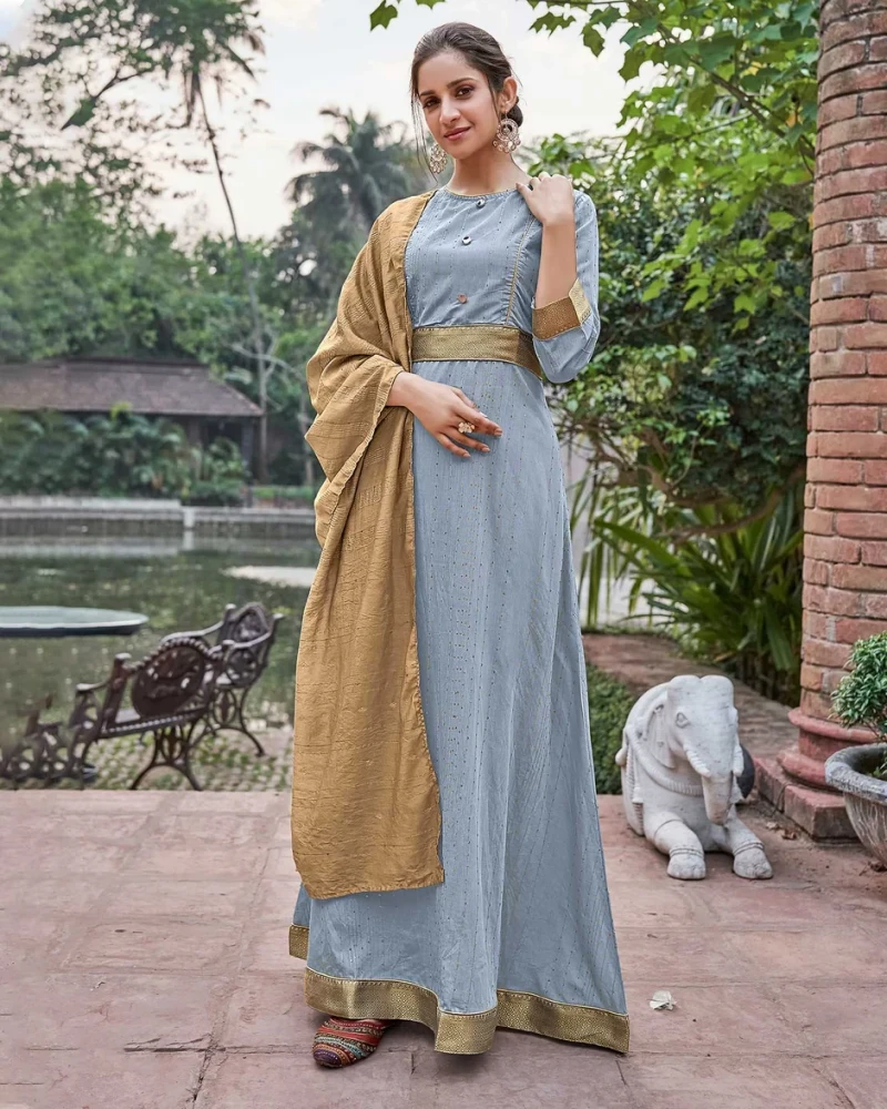 Muslin Mint Blue Flaired Length Gown With Dupatta