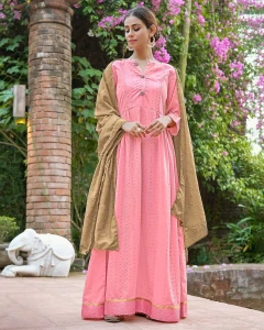 Muslin Pink Flaired Length Gown With Dupatta